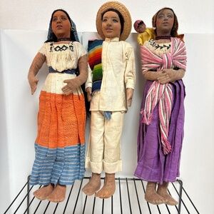 3 Vintage Mexican Folk Art Dolls Mid Century Cloth and  Glass Eyes